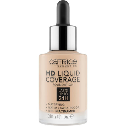 Catrice HD Liquid Coverage Foundation front view bottle showing shade 010 Light Beige matte makeup finish