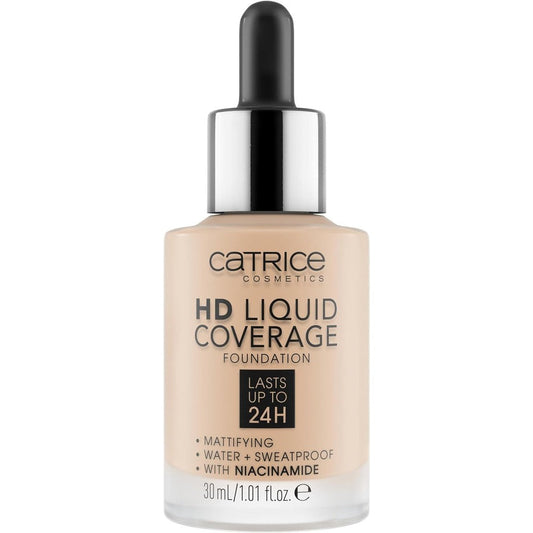 Catrice HD Liquid Coverage Foundation front view bottle showing shade 010 Light Beige matte makeup finish