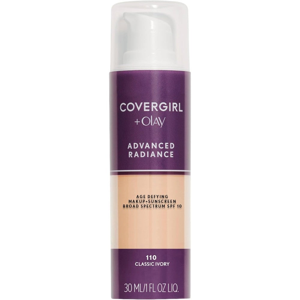 COVERGIRL Advanced Radiance Age Defying Liquid Foundation front view bottle with pump dispenser.