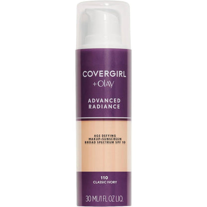 COVERGIRL Advanced Radiance Age Defying Liquid Foundation front view bottle with pump dispenser.