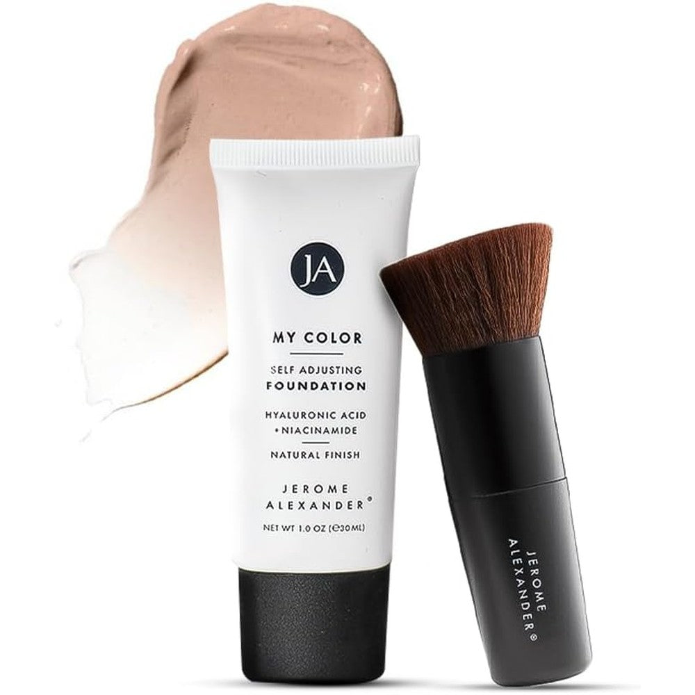 Jerome Alexander My Color Self Adjusting Foundation Medium tube front view with Kabuki brush