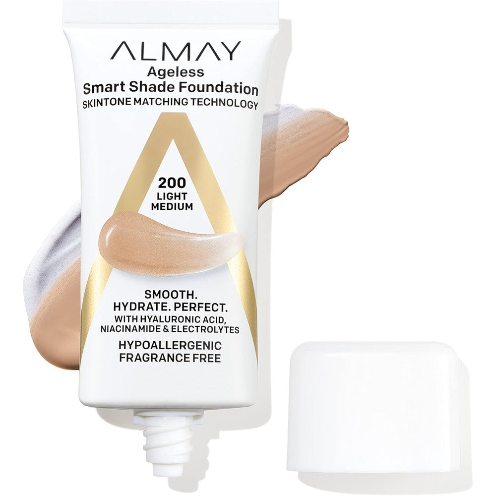 Almay Smart Shade Anti Aging Foundation front view of the liquid makeup tube in 200 Light Medium
