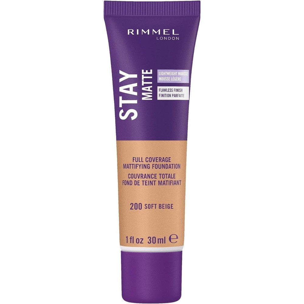 Rimmel London Stay Matte Liquid Mousse Foundation 200 Soft Beige front view tube