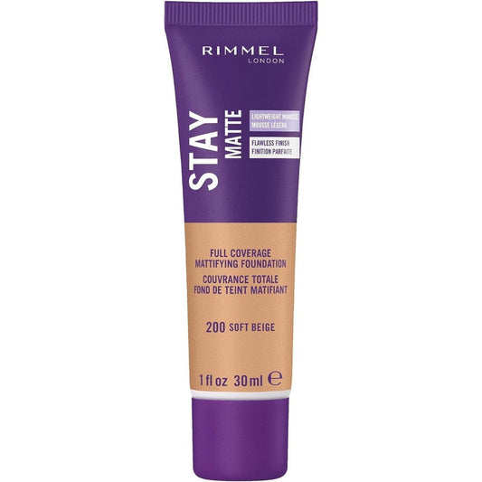 Rimmel London Stay Matte Liquid Mousse Foundation 200 Soft Beige front view tube