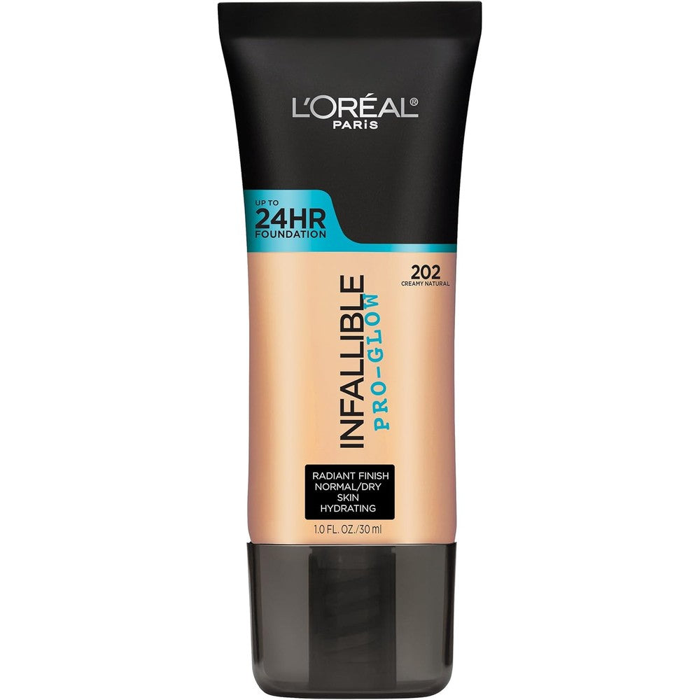 L'Oreal Paris Infallible Pro Glow Foundation 202 Creamy Natural front view bottle liquid makeup for dry skin
