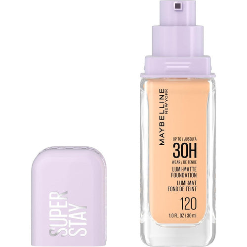 Maybelline New York Super Stay Lumi Matte Foundation shade 120 bottle front view for flawless longwear makeup base
