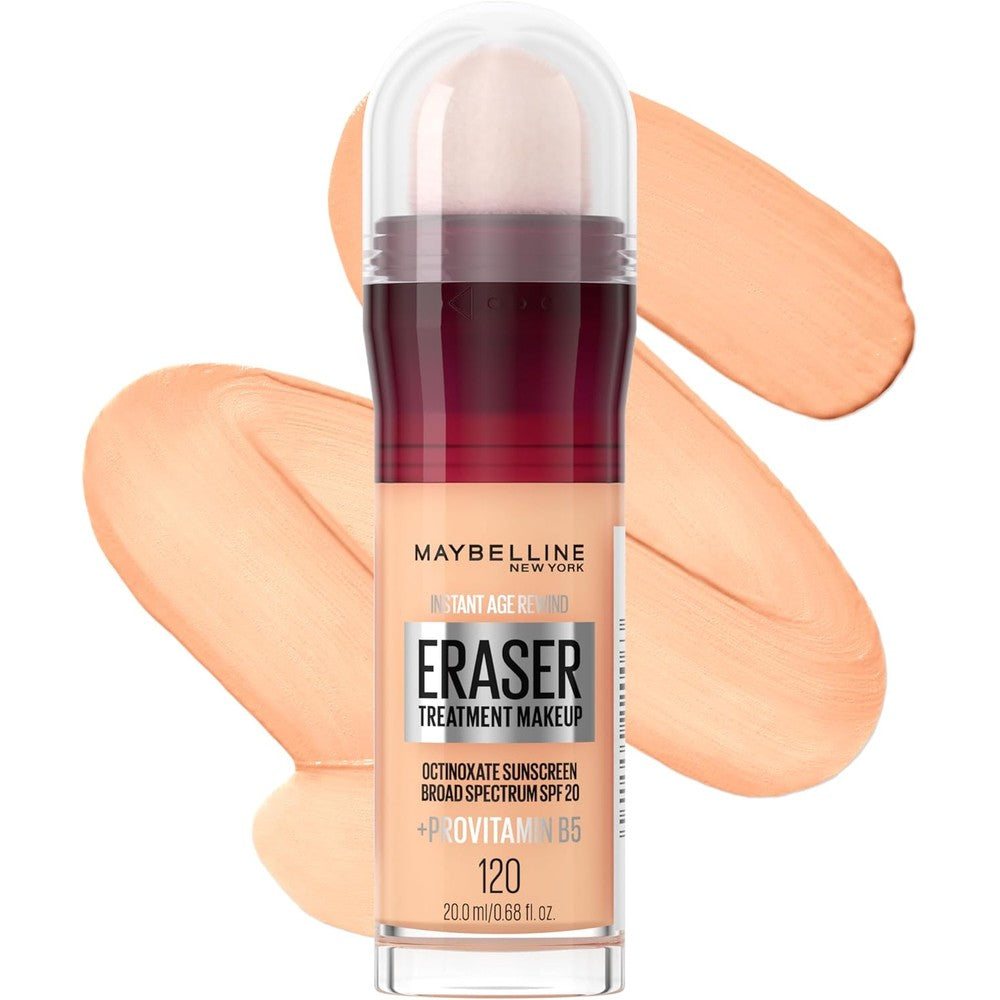 Maybelline Instant Age Rewind Eraser Foundation Creamy Ivory 120 front view bottle showing micro corrector sponge applicator