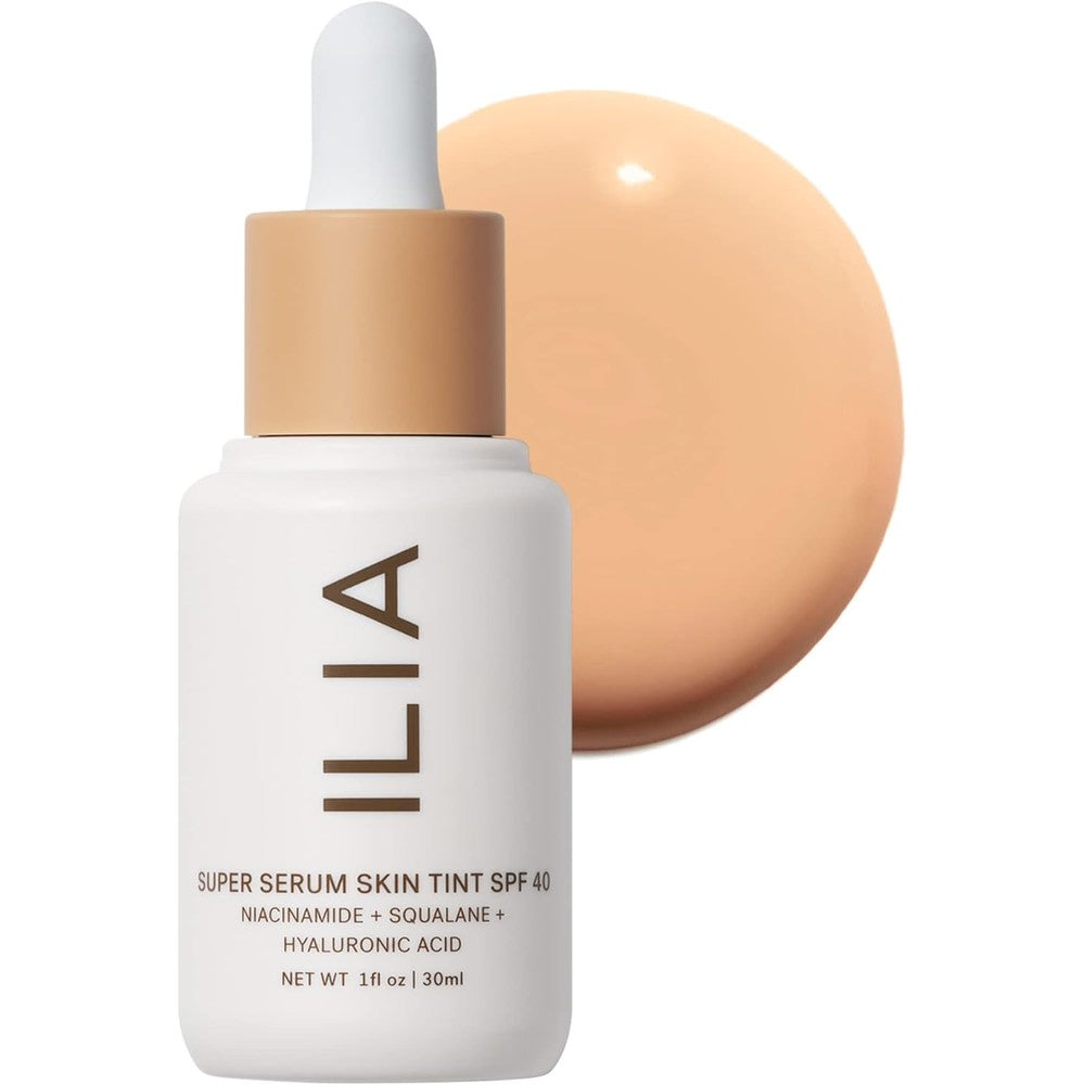 ILIA Super Serum Skin Tint SPF 40 white dropper bottle front view clean makeup
