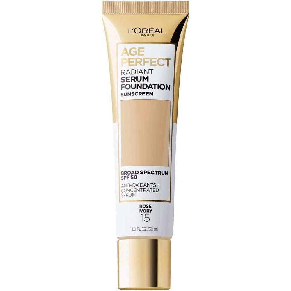 L'Oreal Paris Age Perfect Radiant Serum Foundation front view of packaging showing shade Rose Ivory.