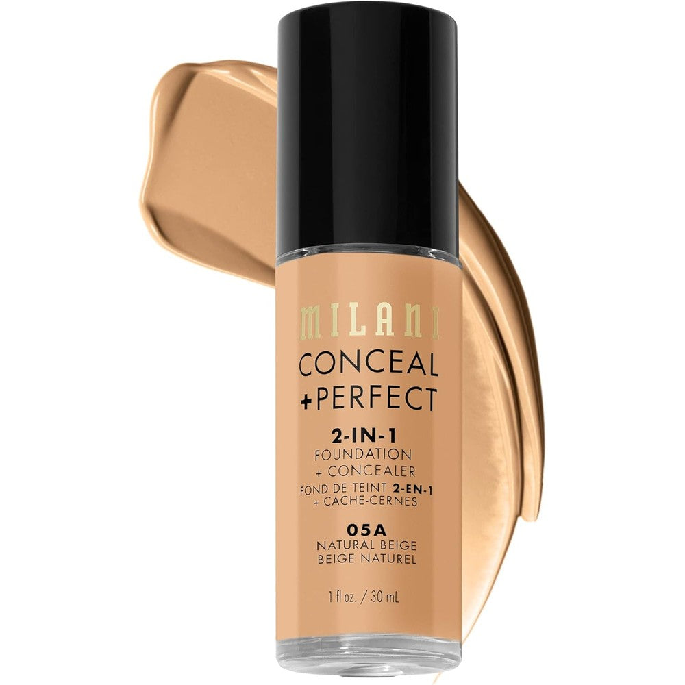 Milani Conceal and Perfect 2 in 1 Foundation and Concealer Natural Beige front view liquid makeup bottle