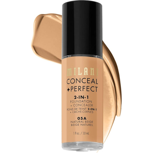Milani Conceal and Perfect 2 in 1 Foundation and Concealer Natural Beige front view liquid makeup bottle