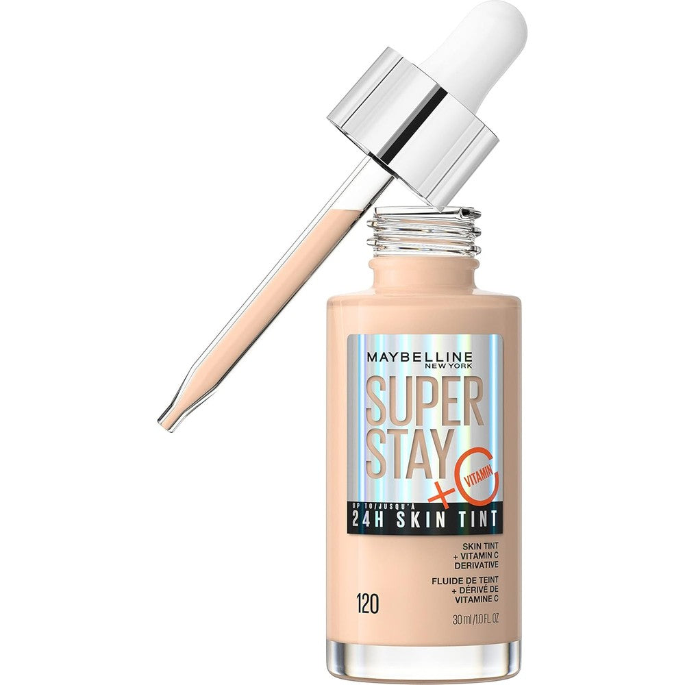 Maybelline New York Super Stay 24HR Skin Tint shade 120 front view bottle showing dropper applicator