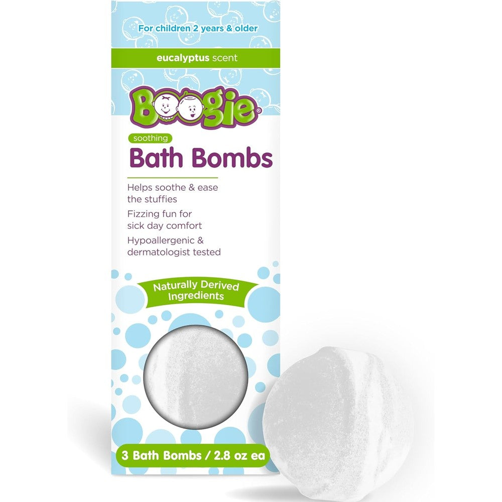Boogie Kids Soothing Bath Bombs packaging front view displaying eucalyptus and aloe ingredients for pediatric cold care.