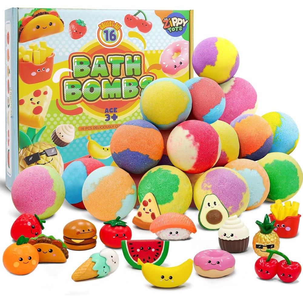 Zippytots kids bath bombs front view with packaging box and visible toy miniatures.
