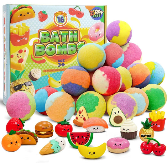 Zippytots kids bath bombs 16 pack box front view displaying colorful surprise packaging.