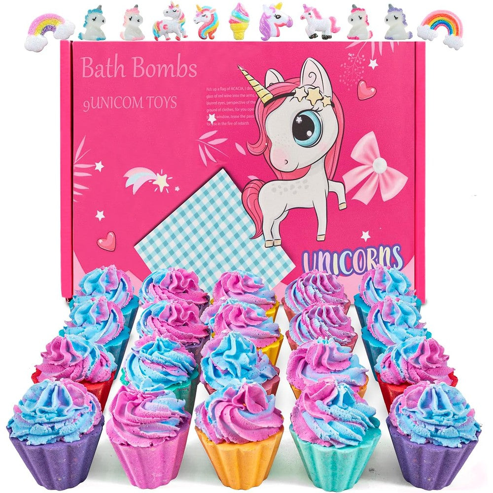 Kims Cosiart kids bath bombs gift set front view with pink presentation box and unicorn graphics
