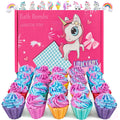 Kims Cosiart kids bath bombs gift set front view with pink presentation box and unicorn graphics