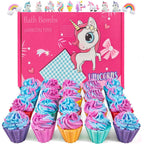 Kims Cosiart kids bath bombs gift set front view with pink presentation box and unicorn graphics