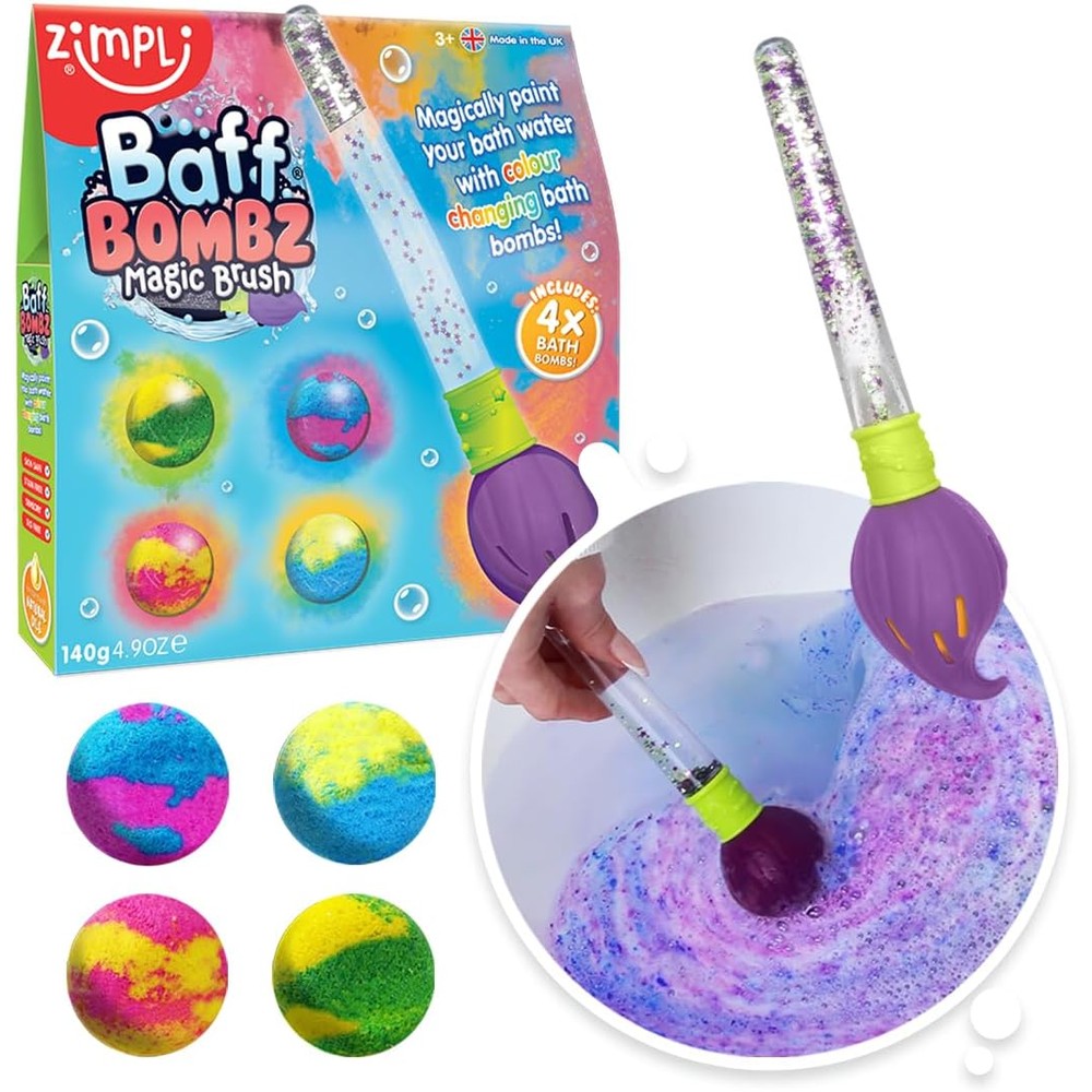 Zimpli Kids Baff Bombz Magic Brush front view packaging showcasing the magic wand and four color changing bath fizzers