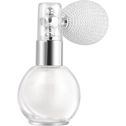 Minkissy face body hair glitter highlighter spray pearl white front view glass bottle with white puff atomizer