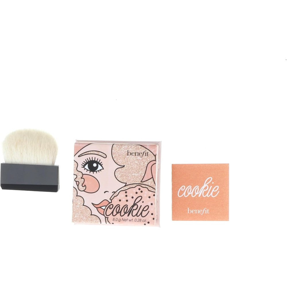 Benefit Cosmetics Cookie Powder Highlighter front view showcasing the golden pearl shade in open compact packaging.