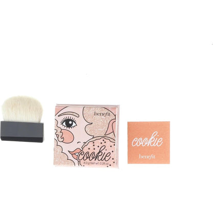 Benefit Cosmetics Cookie Powder Highlighter front view showcasing the golden pearl shade in open compact packaging.