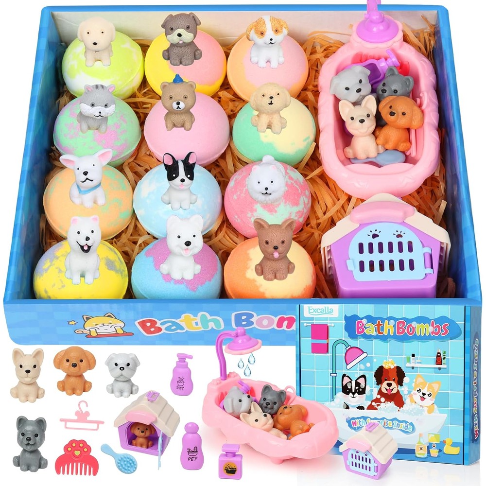 Excalla kids bath bombs front view showing the 12 pack gift set box packaging.