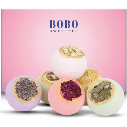BoboSweeTree Luxury Bath Bombs Gift Set front view displaying six large flower-infused fizzies.