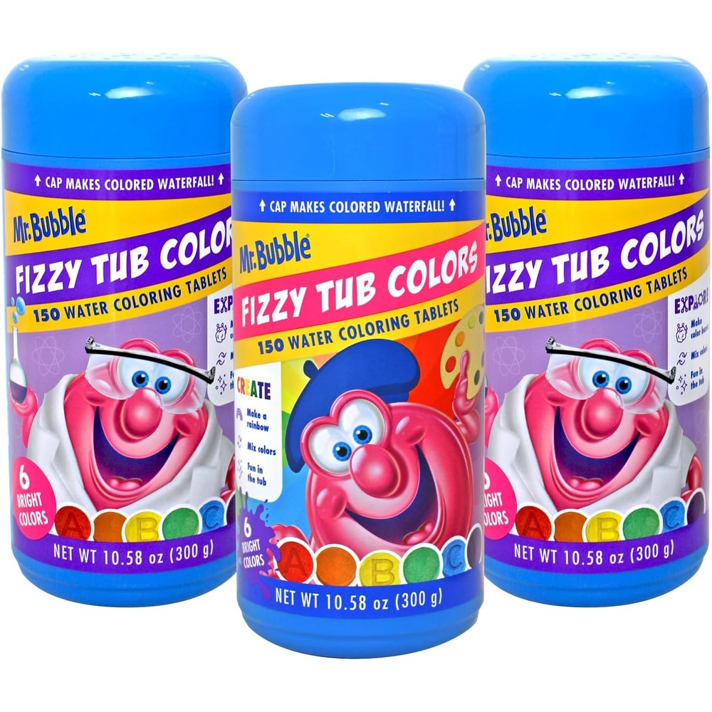 Mr. Bubble Fizzy Tub Colors front view of three jars
