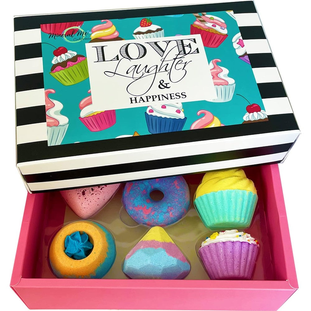 Mineral Me California organic bath bombs gift set front view with six packaged fizzies