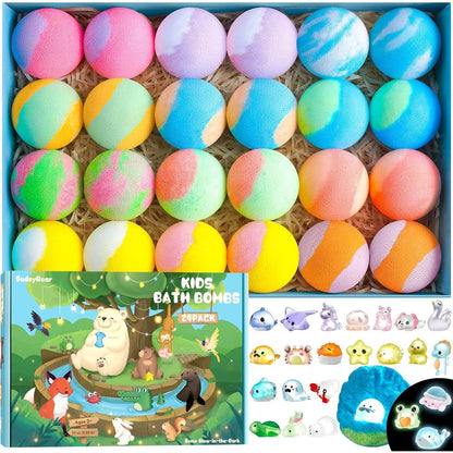 SudsyRoar kids bath bombs 24 pack gift box front view featuring colorful packaging.