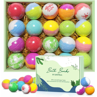 Santrela bath bombs for women gift set front view showing twenty colorful individually wrapped organic bath fizzies.