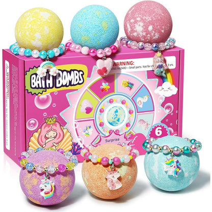 Sanyi unicorn bath bombs with bracelet inside front packaging view on white background.