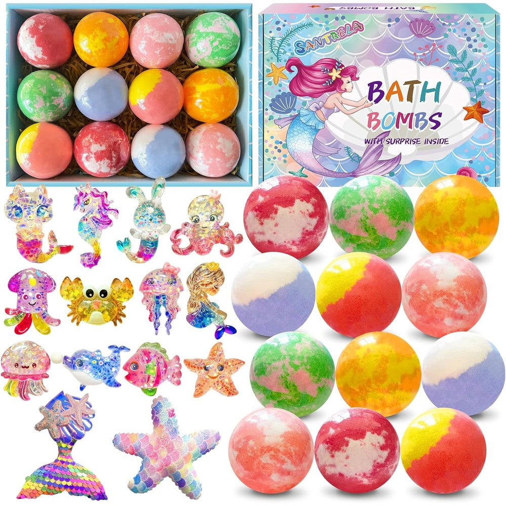 Santrela kids bath bombs front view of the 12 pack mermaid gift box