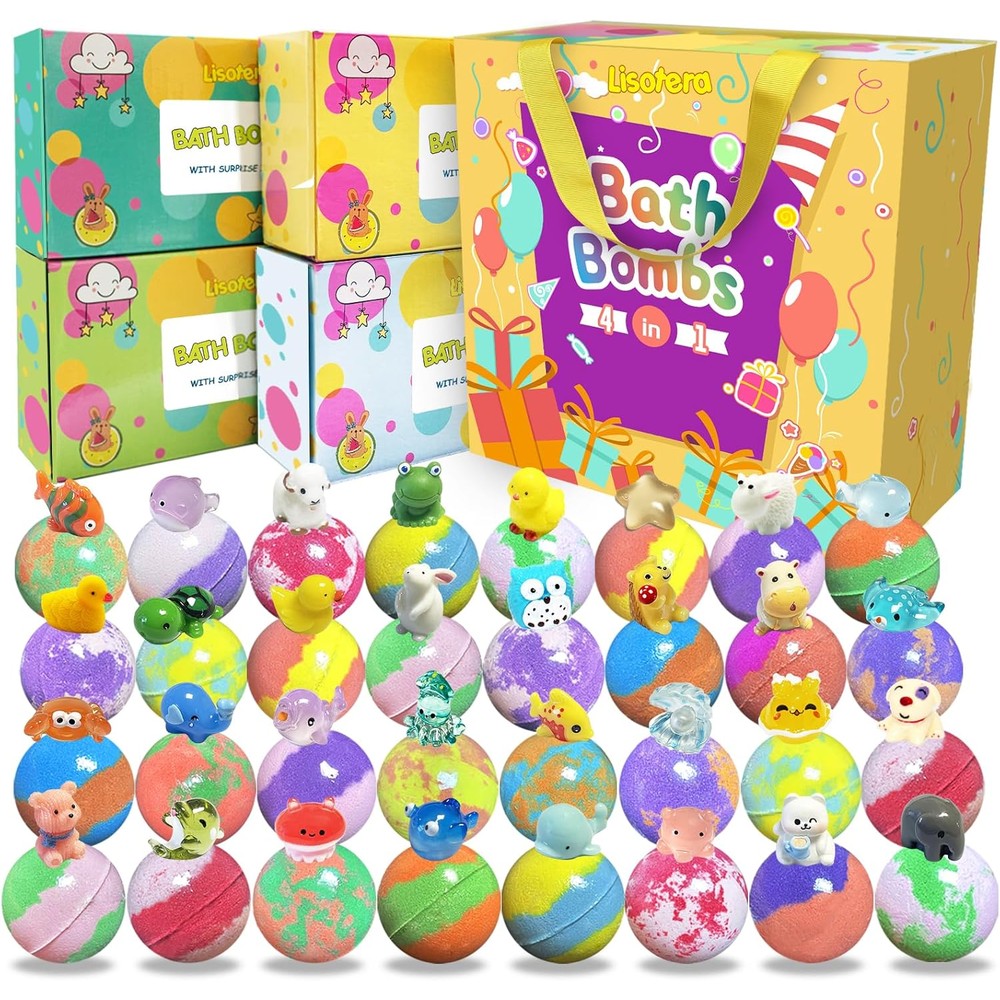 Lisotera bath bombs for kids front view showing the 32 pack gift box with colorful packaging.