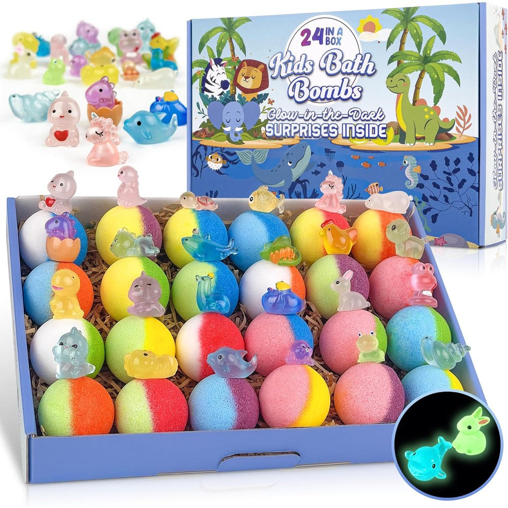 BYGGVIR kids bath bombs front view showing the twenty four piece gift box packaging with colorful fizz options.