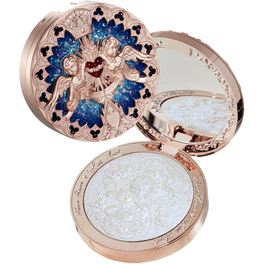 Flower Knows Little Angel Embossed Highlighter front view showcasing the rose gold compact with stained glass design