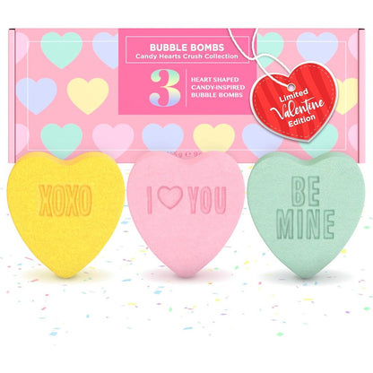 Two Sisters Candy Hearts Crush Bath Bombs front view of the 3-pack gift set box.