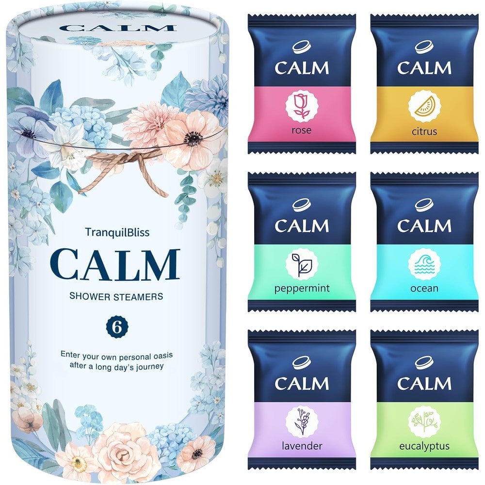 TranquilBliss Aromatherapy Shower Steamers front view of the floral packaging box.