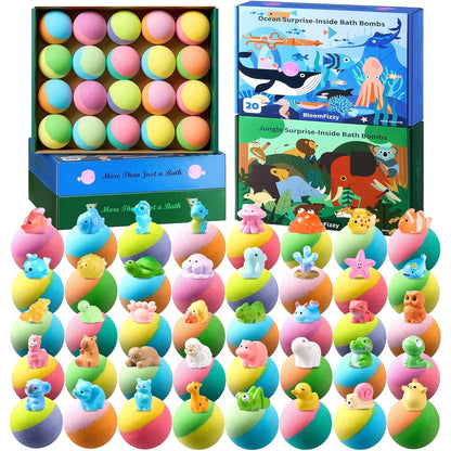 BloomFizzy kids bath bombs forty pack front packaging view showing jungle and ocean themes.