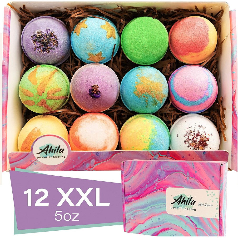 Ahila Power Of Healing organic bath bombs gift set front view with twelve extra large pieces.