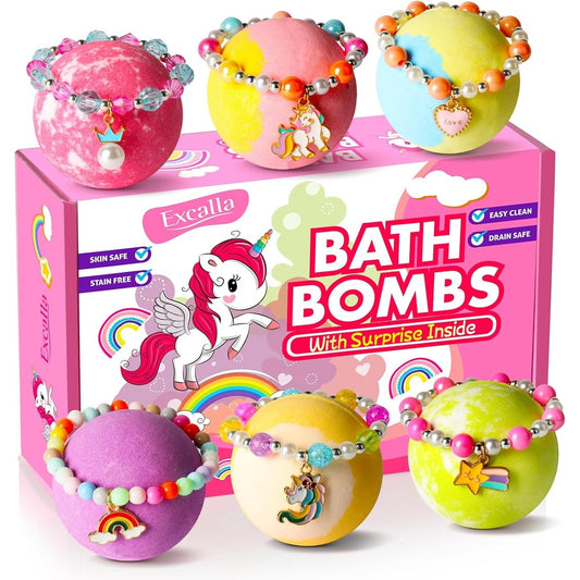Excalla unicorn bath bombs gift box front view showing vibrant packaging.