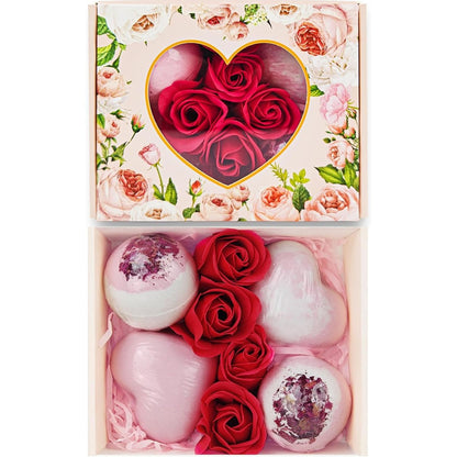 XmtJXn Valentines Bath Bombs front view showing pink heart and rose shaped gift set packaging