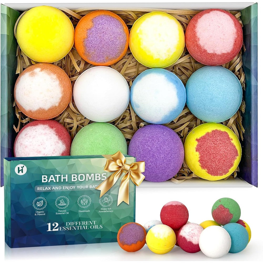 Haishan Shower bath bombs gift set front view featuring twelve colorful organic fizzies