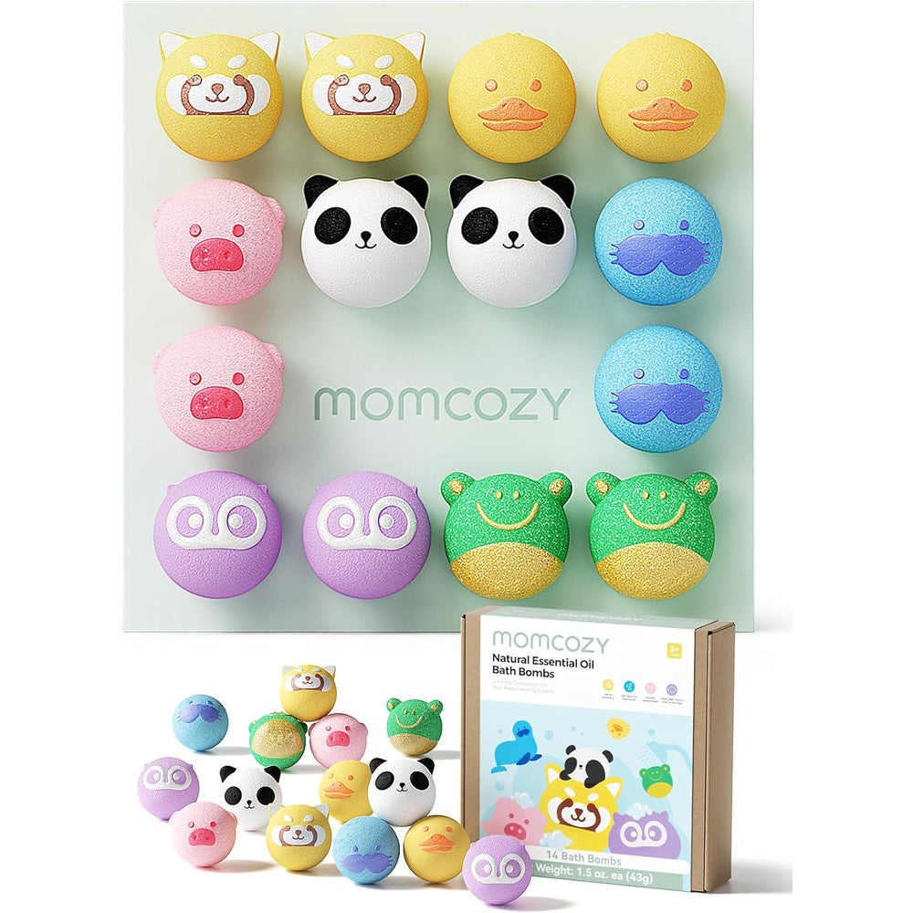 Momcozy animal bath bombs front view of the 14 count gift set packaging