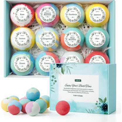 ZenBombs Handmade Natural Bath Bombs gift box front view featuring twelve colorful spa fizzies.