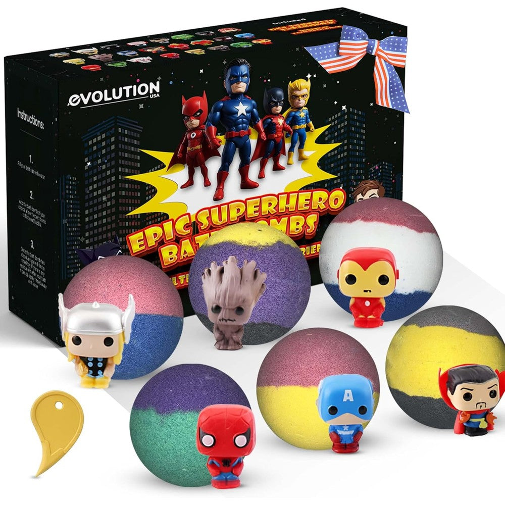 EvolutionUSA Epic Superhero Bath Bombs front view of the 6-piece box set