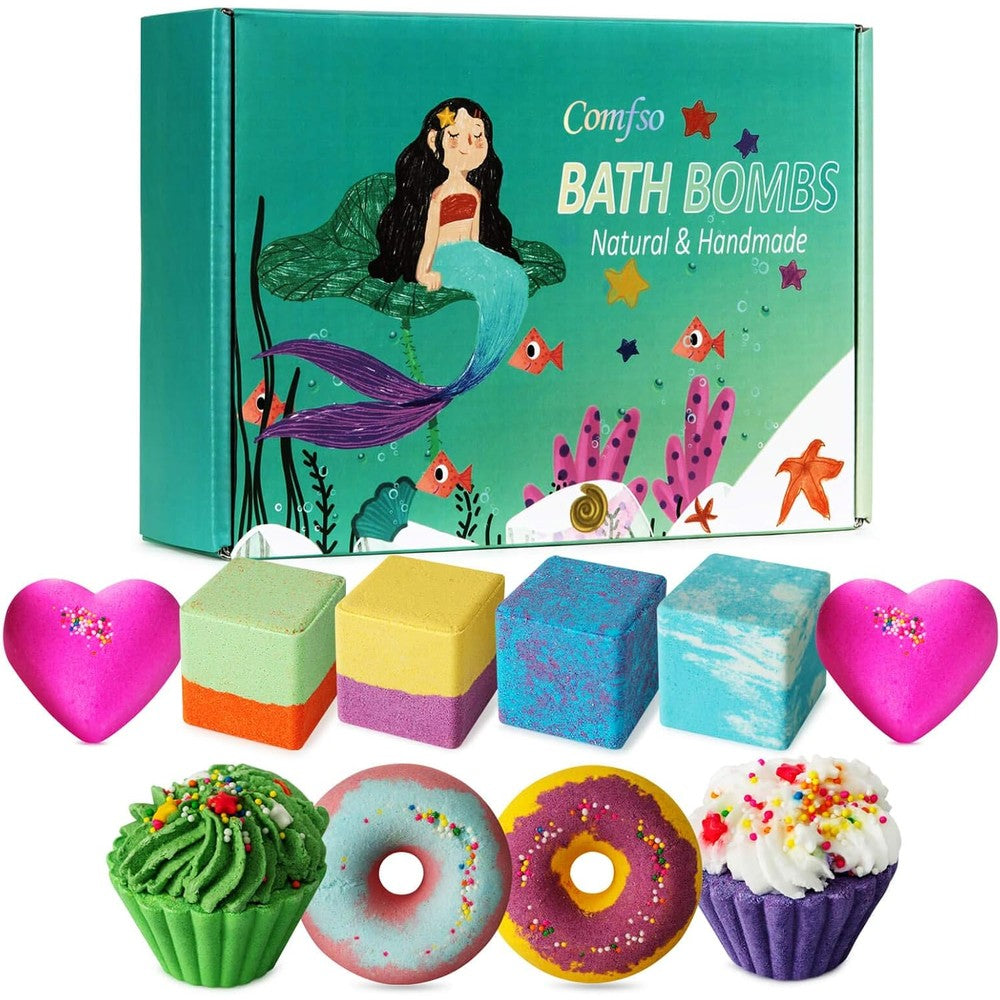 Comfso kids bath bombs gift set front view with ten colorful fizzies