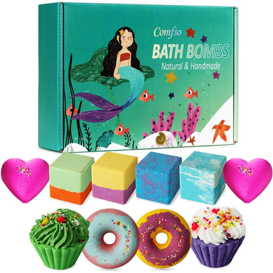 Comfso kids bath bombs gift set front view showing colorful packaging