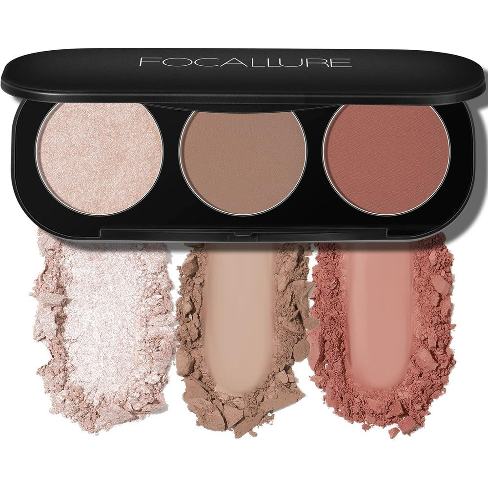 FOCALLURE 3 in 1 face contour palette front view showing blush bronzer and highlighter powders